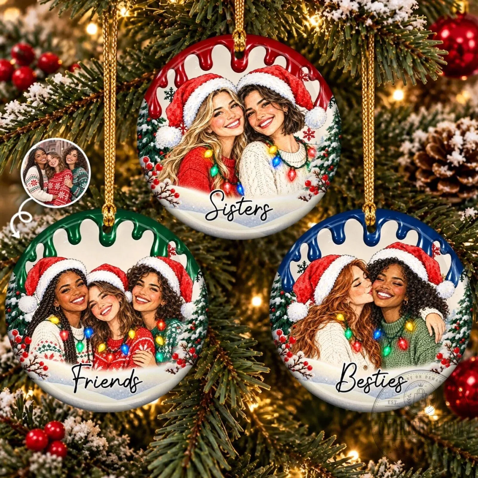 Personalized Christmas Sisters Friends Besties Photo Ceramic Ornament