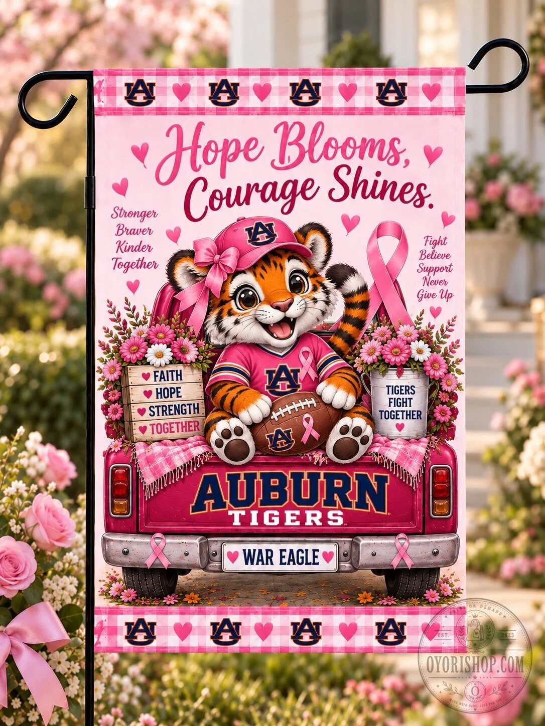 Auburn Tigers Hope Blooms Courage Shines Breast Cancer Awareness Flag