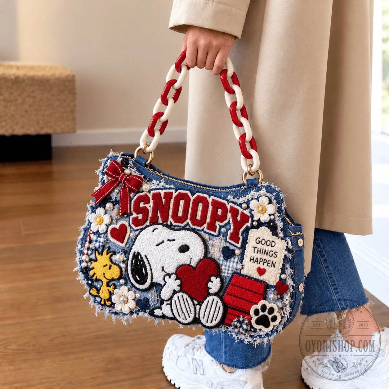 Snoopy Embroidered Denim Handbag with Red Chain Strap