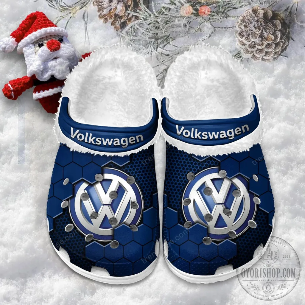 Volkswagen Logo Blue Hexagon Pattern Fur-Lined Clog Shoes Volkswagen Logo Blue Hexagon Pattern Fur-Lined Clog Shoes