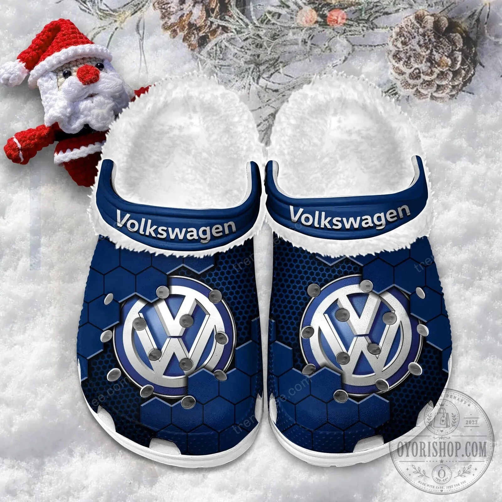 Volkswagen Logo Blue Hexagon Pattern Fur-Lined Clog Shoes 15 Volkswagen Logo Blue Hexagon Pattern Fur-Lined Clog Shoes