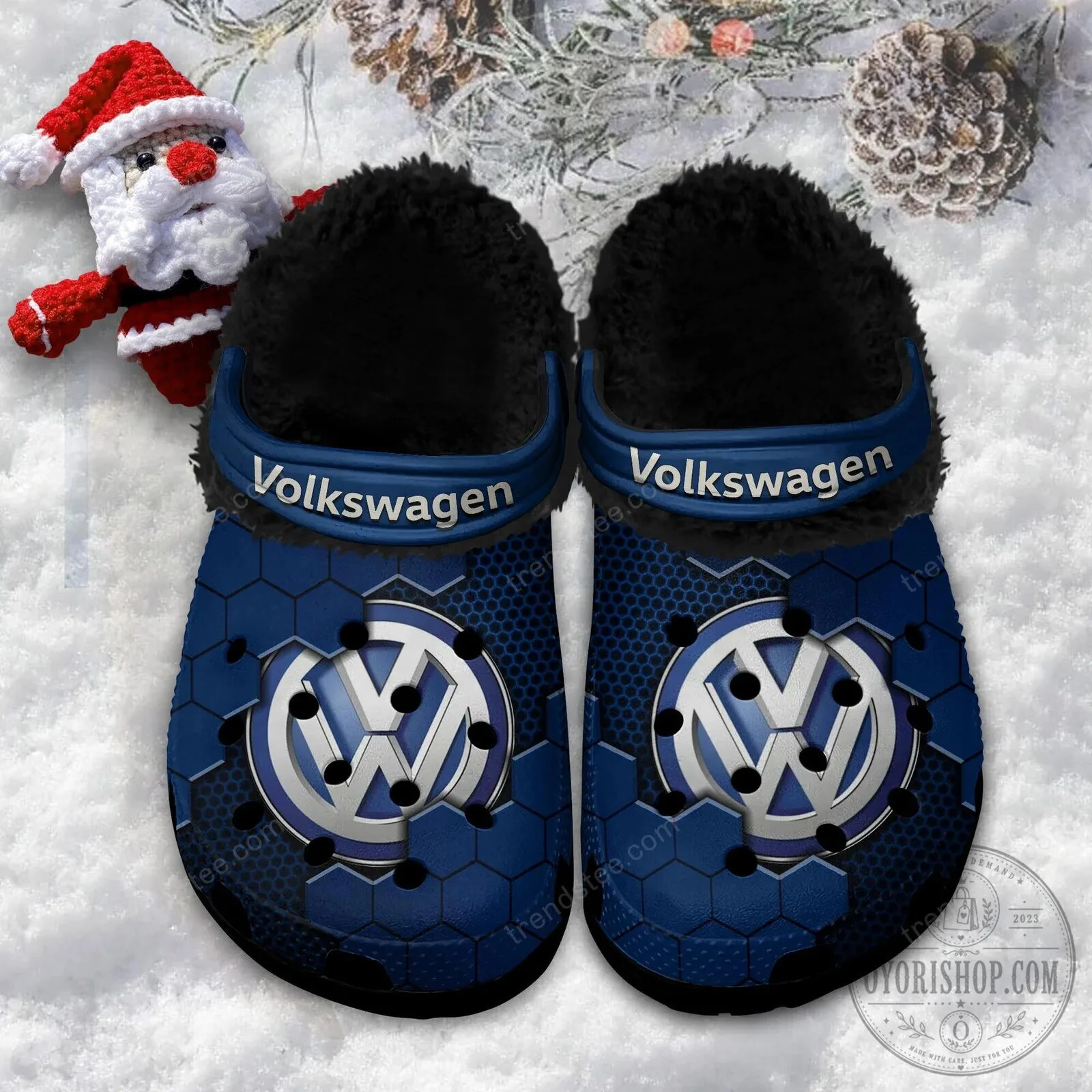 Volkswagen Logo Blue Hexagon Pattern Fur-Lined Clog Shoes 16 Volkswagen Logo Blue Hexagon Pattern Fur-Lined Clog Shoes