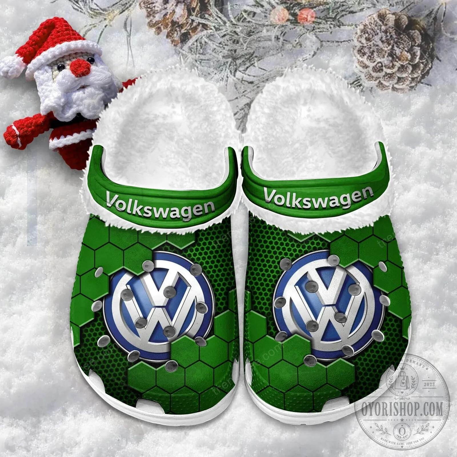 Volkswagen Logo Blue Hexagon Pattern Fur-Lined Clog Shoes 17 Volkswagen Logo Blue Hexagon Pattern Fur-Lined Clog Shoes