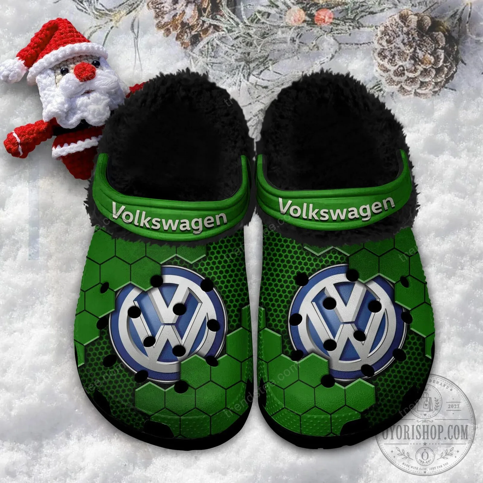 Volkswagen Logo Blue Hexagon Pattern Fur-Lined Clog Shoes 18 Volkswagen Logo Blue Hexagon Pattern Fur-Lined Clog Shoes