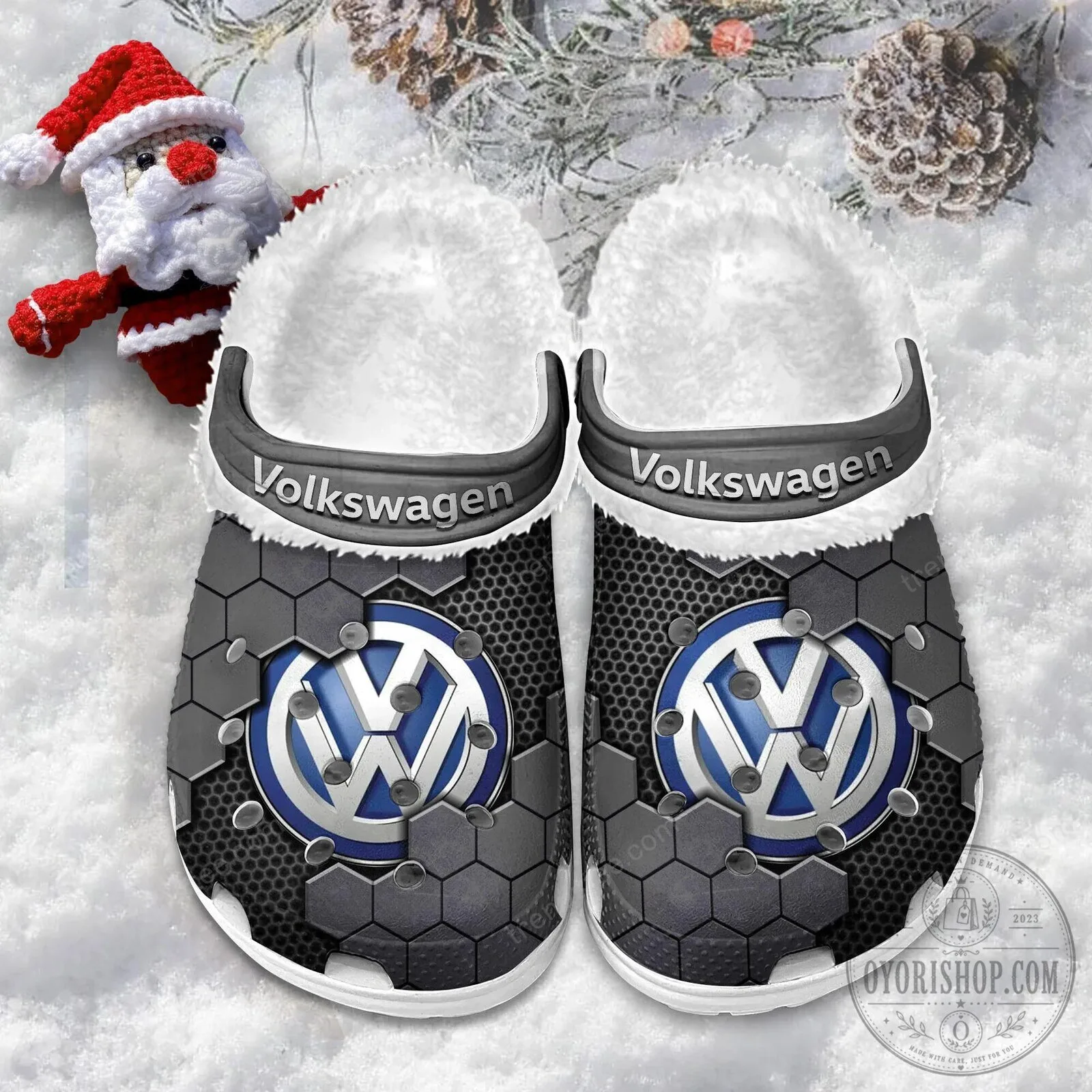 Volkswagen Logo Blue Hexagon Pattern Fur-Lined Clog Shoes 19 Volkswagen Logo Blue Hexagon Pattern Fur-Lined Clog Shoes