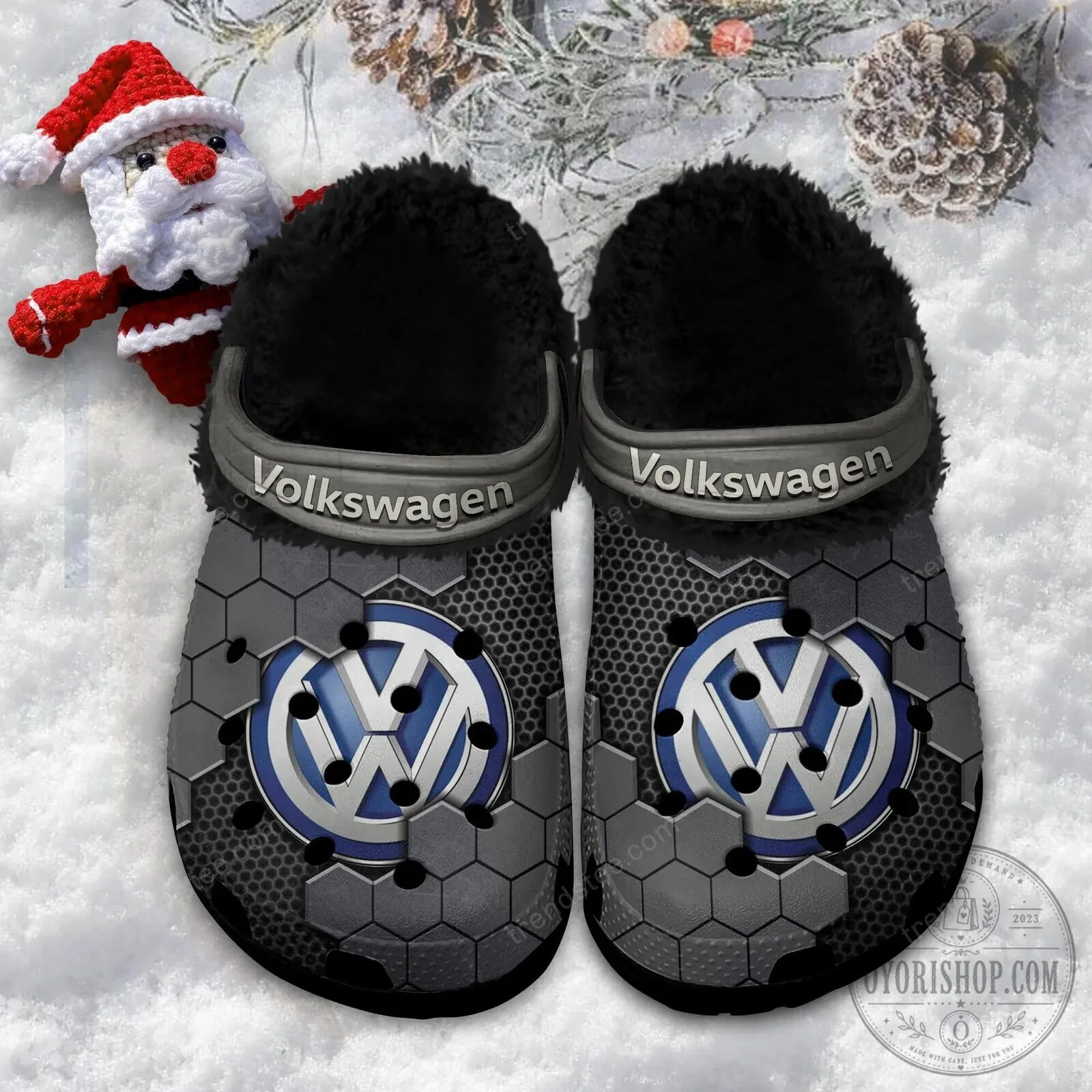 Volkswagen Logo Blue Hexagon Pattern Fur-Lined Clog Shoes 20 Volkswagen Logo Blue Hexagon Pattern Fur-Lined Clog Shoes