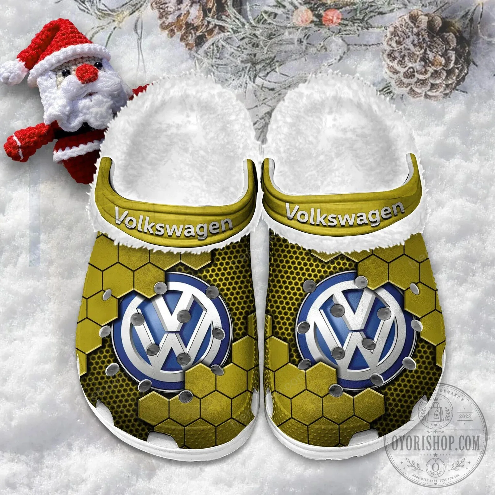Volkswagen Logo Blue Hexagon Pattern Fur-Lined Clog Shoes 21 Volkswagen Logo Blue Hexagon Pattern Fur-Lined Clog Shoes