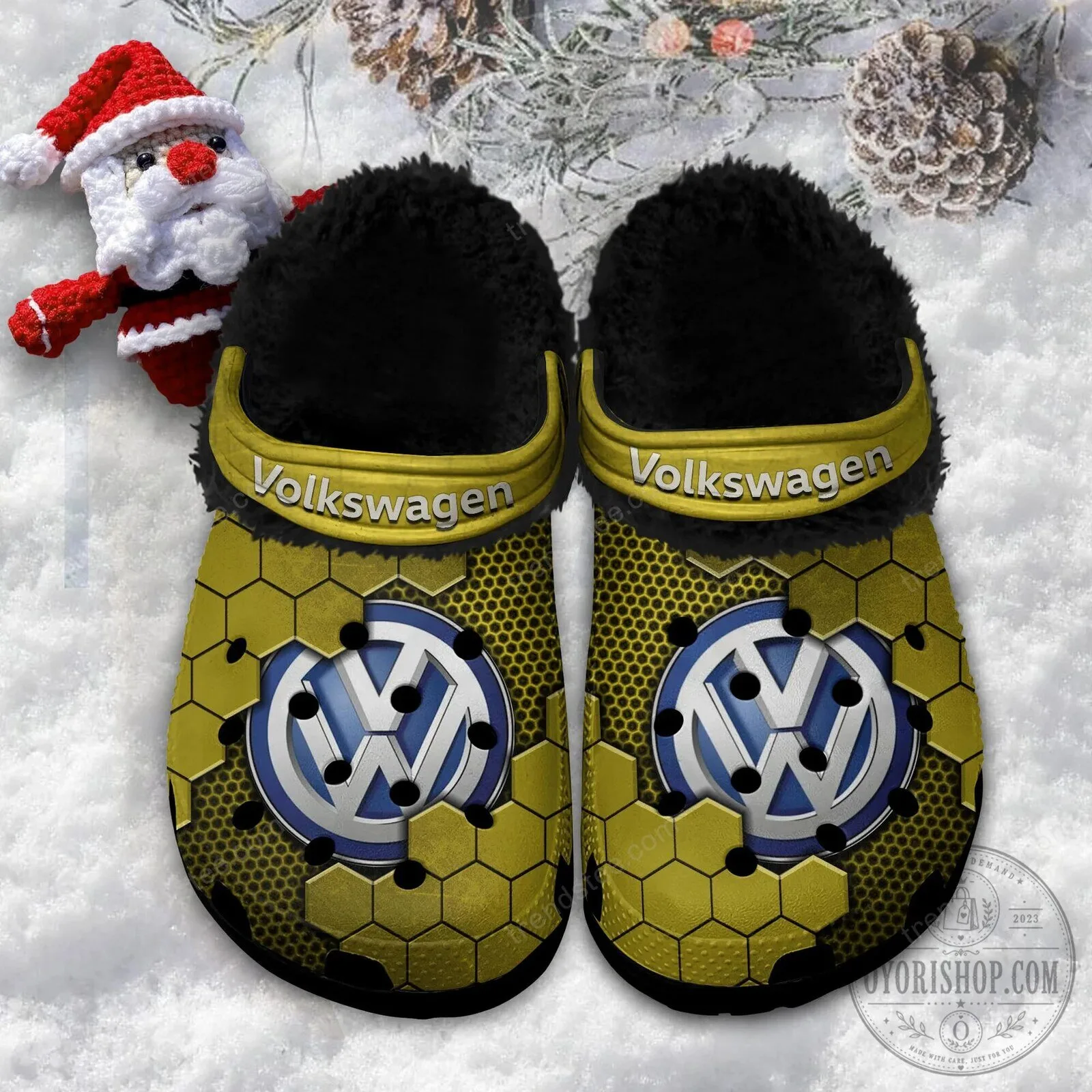Volkswagen Logo Blue Hexagon Pattern Fur-Lined Clog Shoes 22 Volkswagen Logo Blue Hexagon Pattern Fur-Lined Clog Shoes