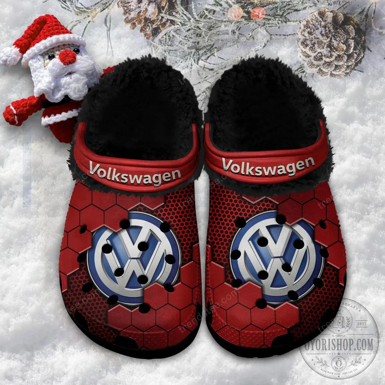 Volkswagen Logo Blue Hexagon Pattern Fur-Lined Clog Shoes 23 Volkswagen Logo Blue Hexagon Pattern Fur-Lined Clog Shoes