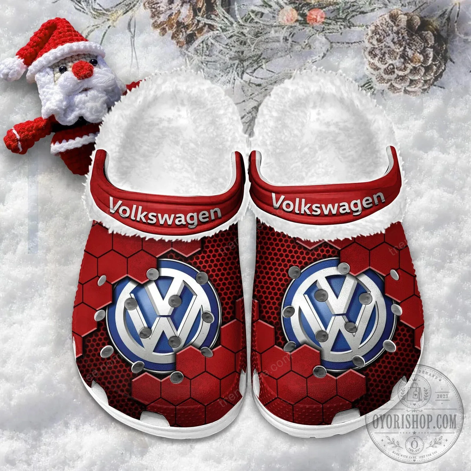 Volkswagen Logo Blue Hexagon Pattern Fur-Lined Clog Shoes 24 Volkswagen Logo Blue Hexagon Pattern Fur-Lined Clog Shoes