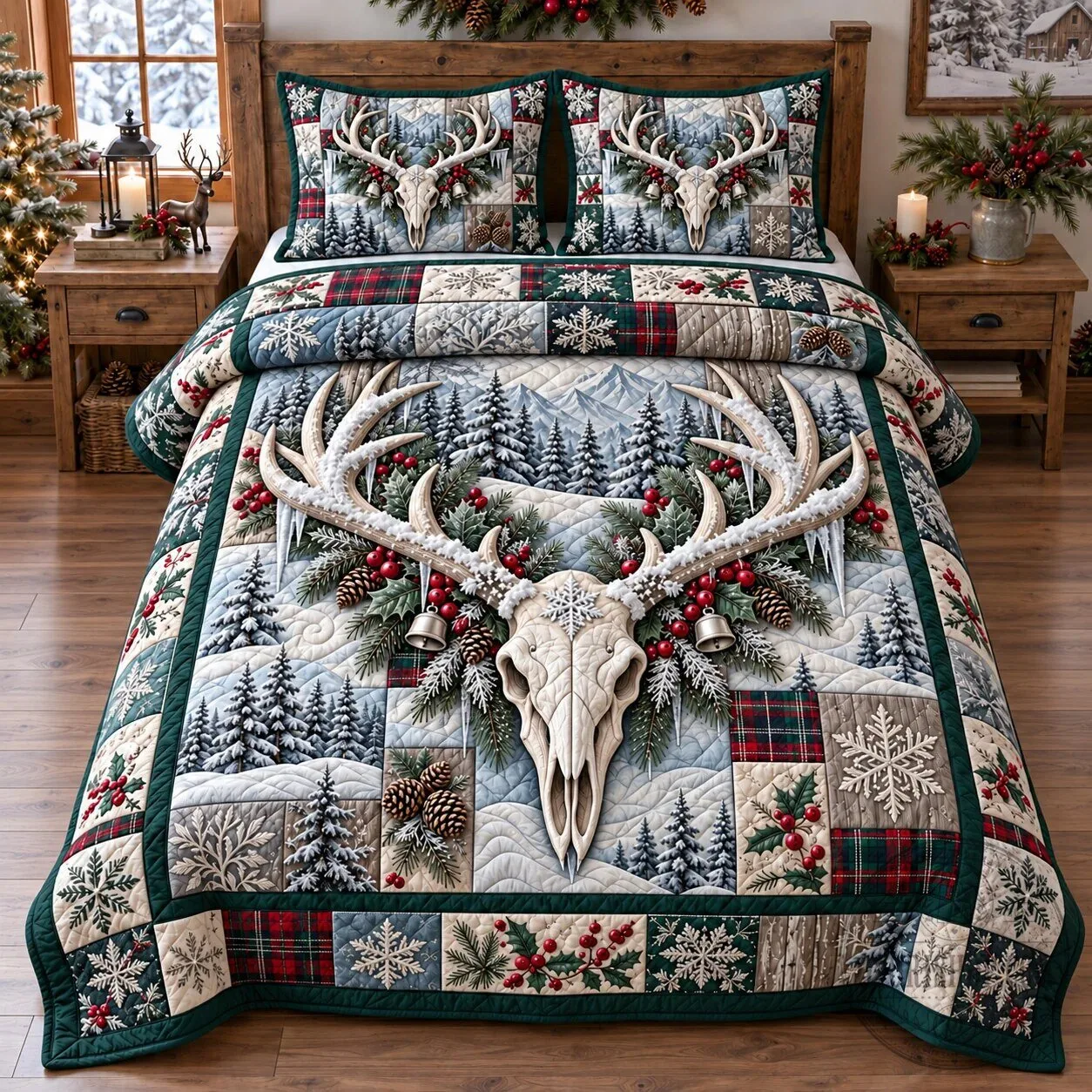Winter Deer Skull Patchwork Quilted Bedding Set with Pinecones and Snowflakes