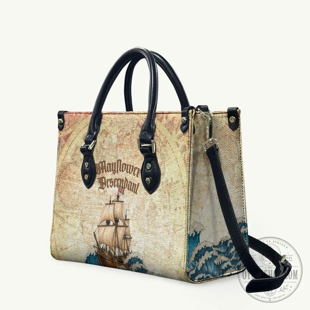 Mayflower Descendant Vintage Nautical Map Ocean Waves Leather Handbag