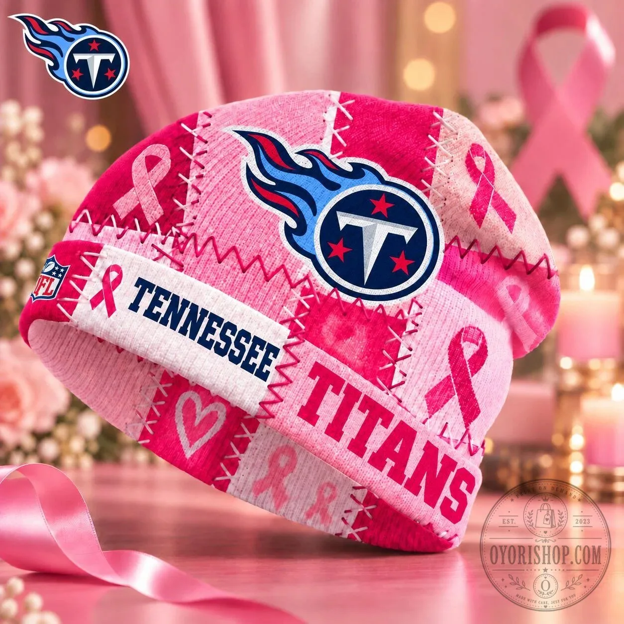Tennessee Titans NFL Football Team Breast Cancer Awareness Pink Ribbon Beanie Hat