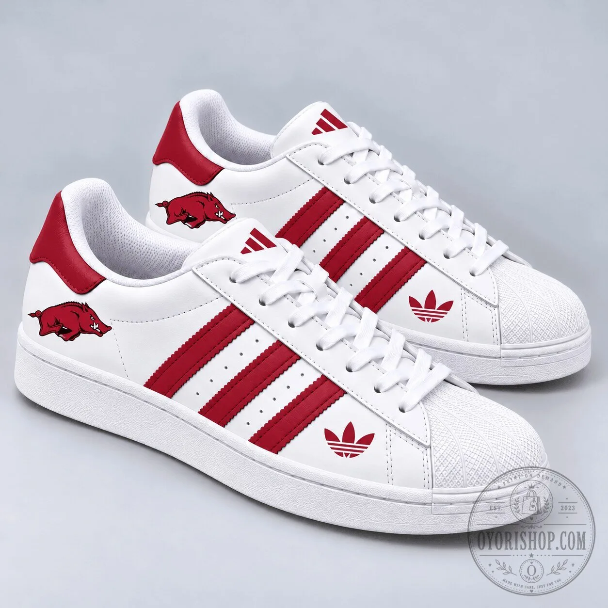Arkansas Razorbacks NCAA Team Logo White and Red Athletic Shoes