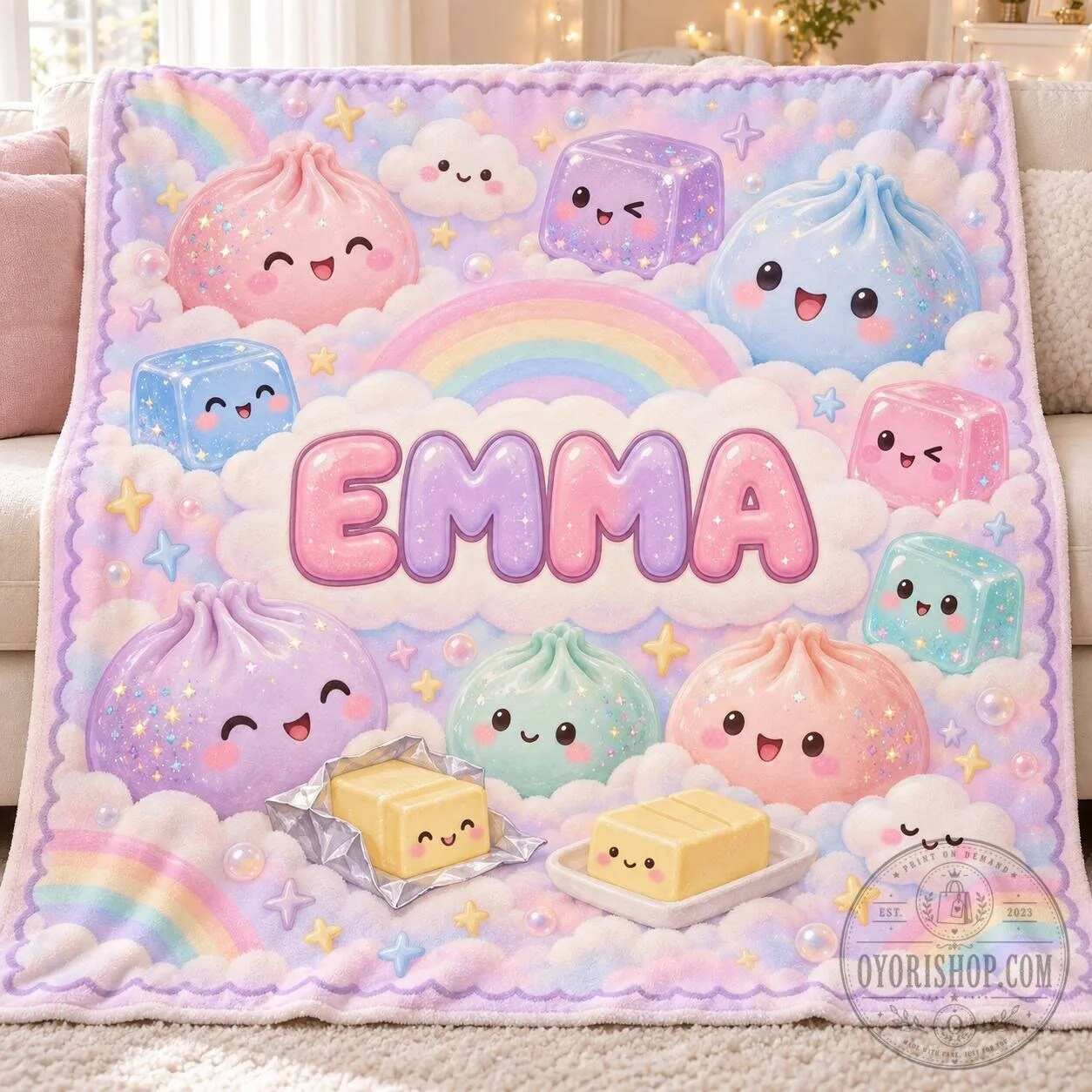 Personalized Kawaii Dumpling Rainbow Custom Name Birthday Gift Sherpa Blanket