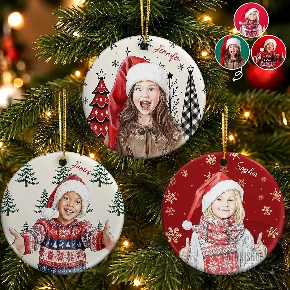 Personalized Kids Photo Watercolor Portrait Christmas Tree Ornament