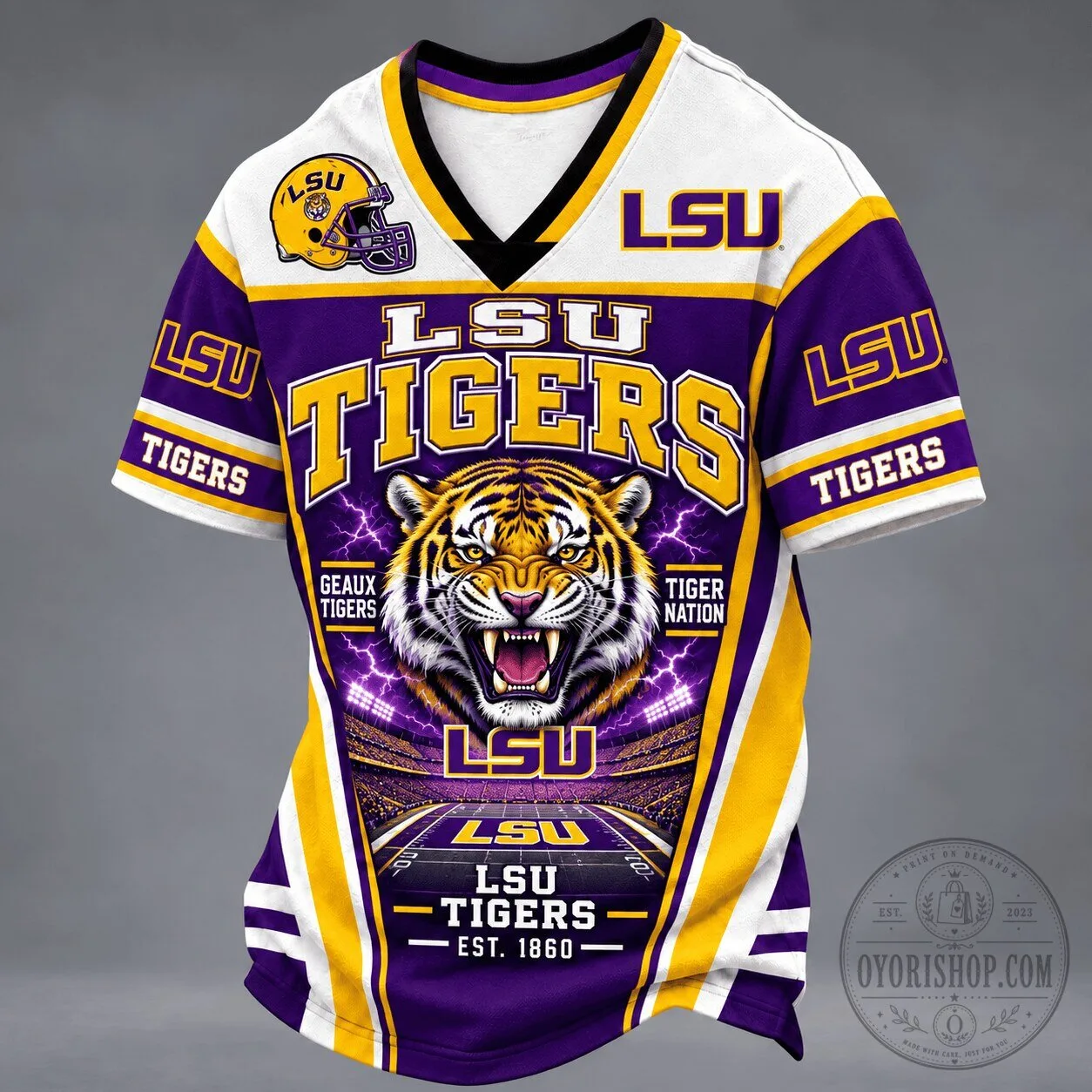 LSU Tigers Football Team Mascot Spirit V-Neck Premium Short Sleeve T-Shirt 2 LSU Tigers Football Team Mascot Spirit V-Neck Premium Short Sleeve T-Shirt