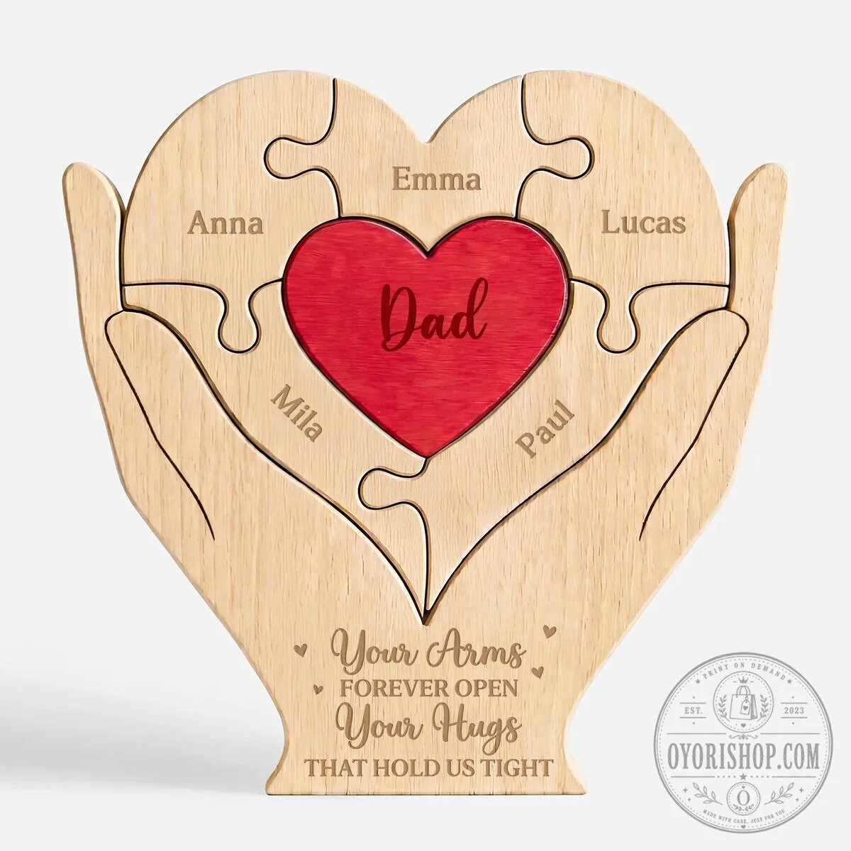 Personalized Family Hands Hugging Heart Wooden Puzzle for Dad, Custom Names