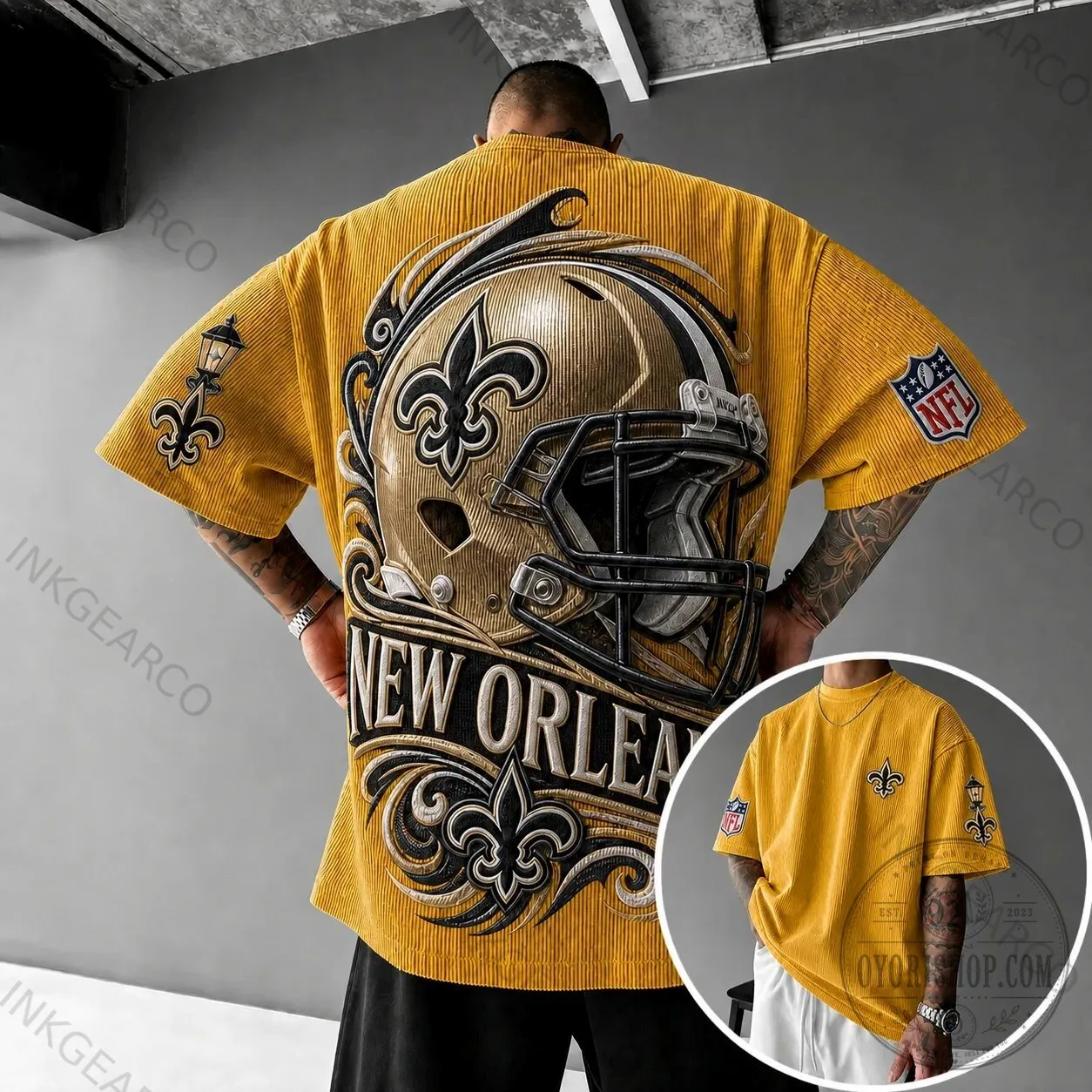 New Orleans Saints Football Helmet Gold Corduroy T-Shirt 1 New Orleans Saints Football Helmet Gold Corduroy T-Shirt