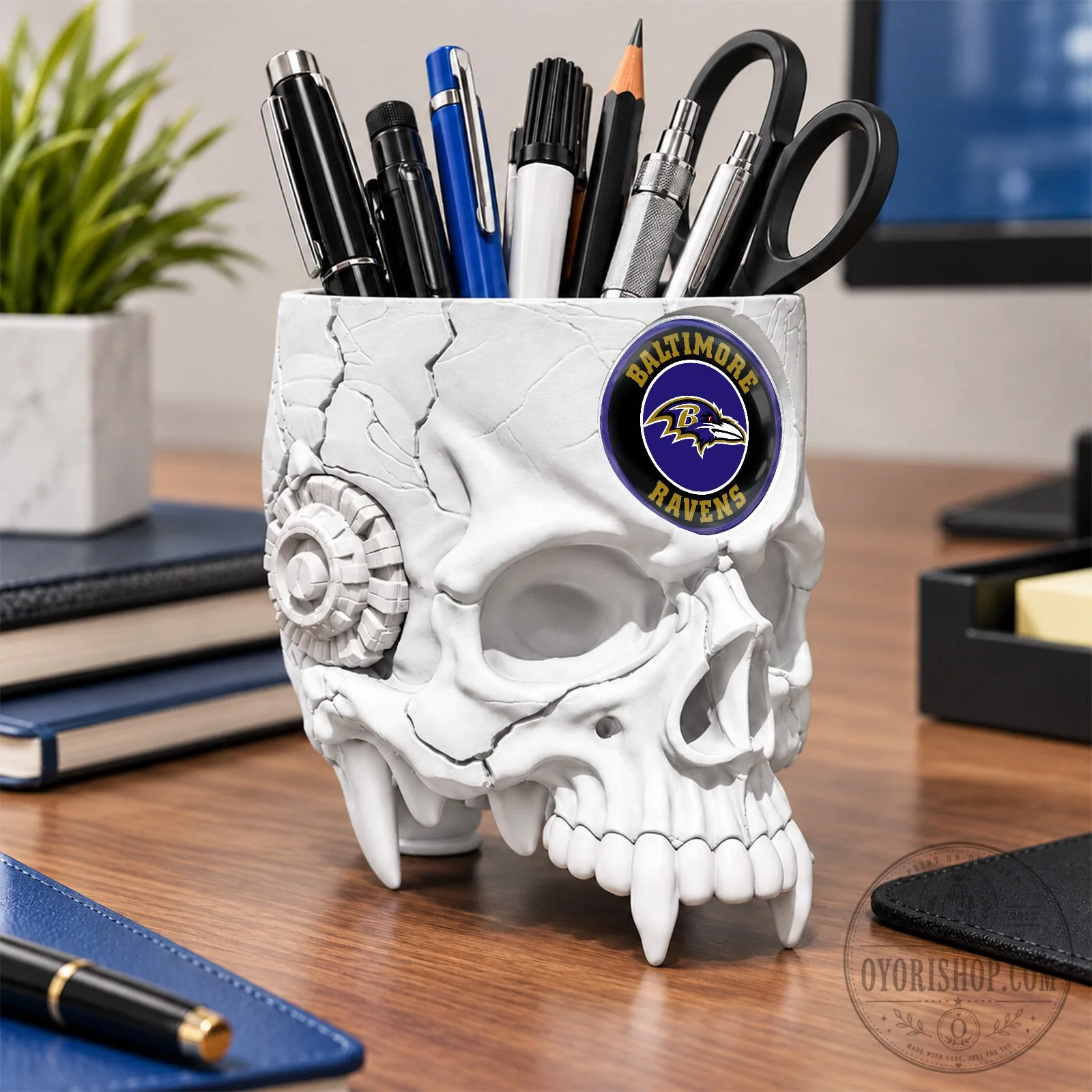 Baltimore Ravens NFL Football Team Skull Pen Holder Office Decor