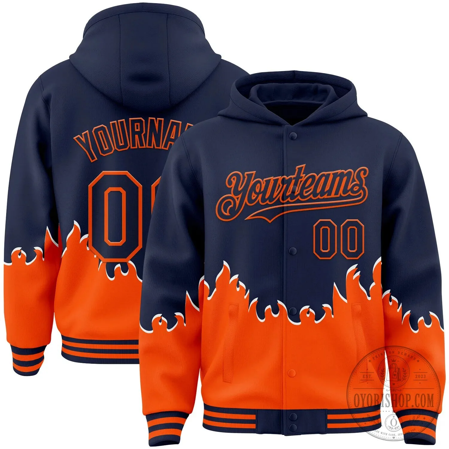 Custom Navy Orange Fire Flame Bomber Full-Snap Varsity Letterman Hoodie Jacket