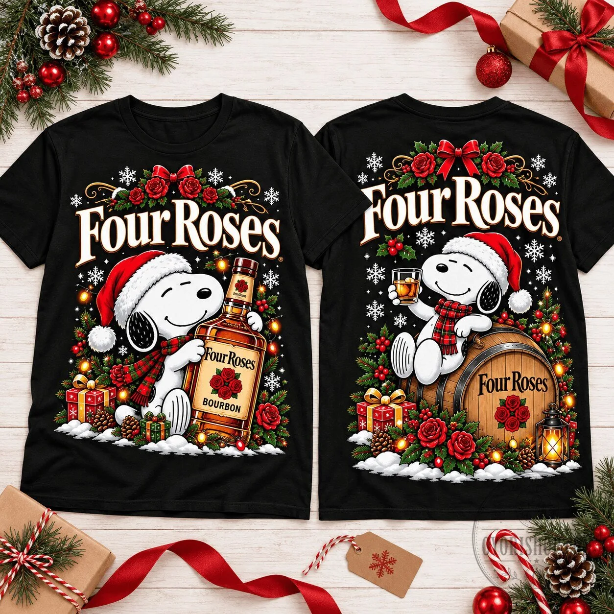 Four Roses Bourbon Snoopy Christmas Holiday Black T-Shirt