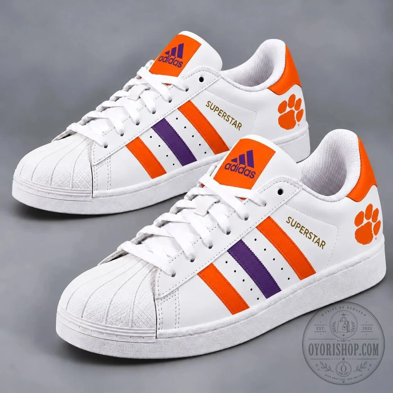 Clemson Tigers NCAA Superstar Shoes - White Orange Purple Athletic Sneakers