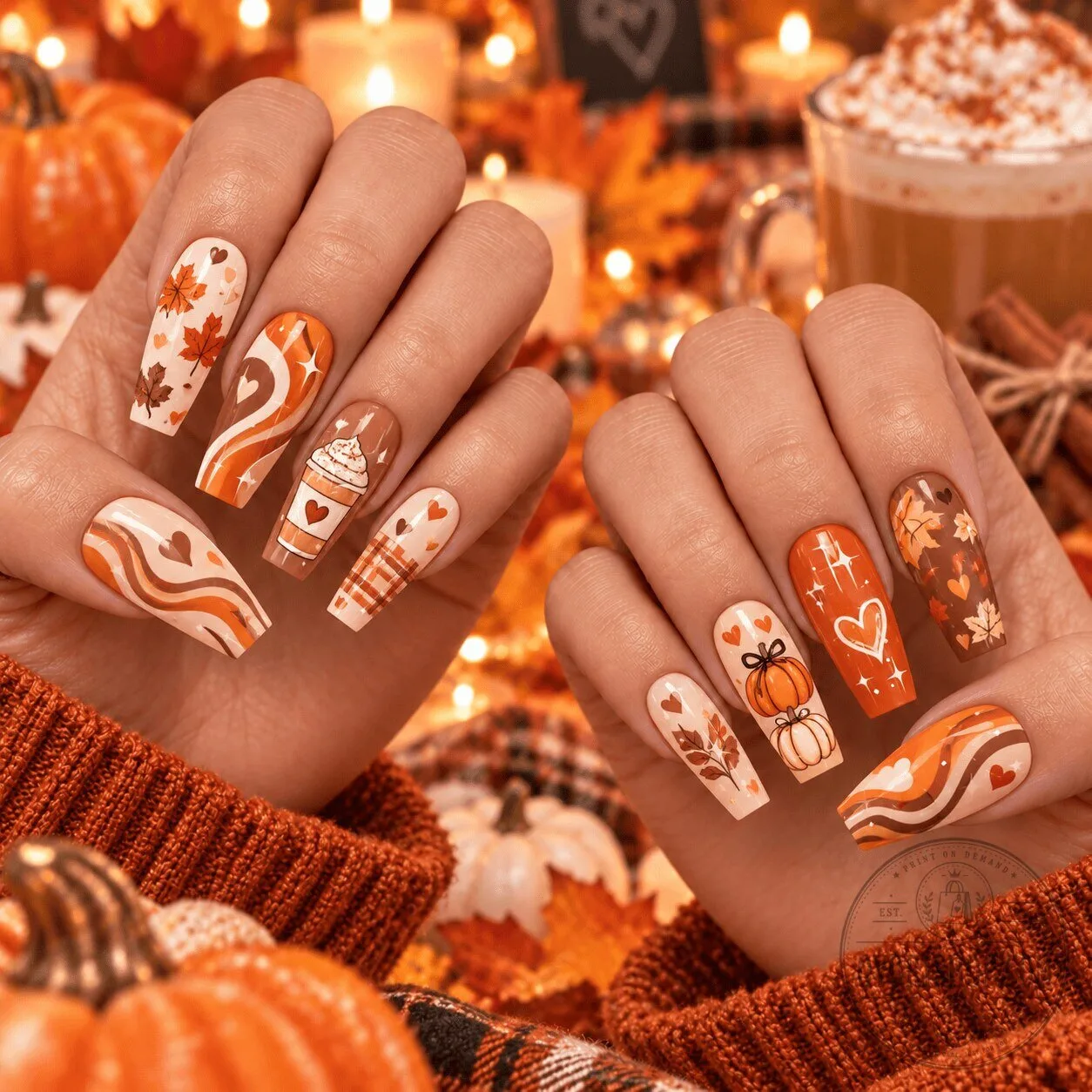 Autumn Pumpkin Spice Latte Fall Leaves Press-On Nails Set 1 Autumn Pumpkin Spice Latte Fall Leaves Press-On Nails Set