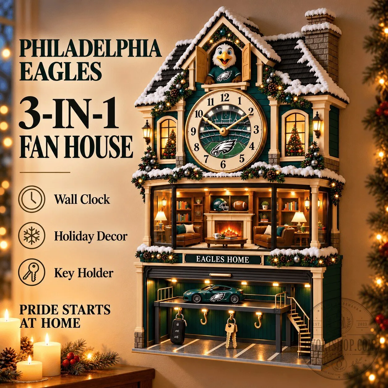 Philadelphia Eagles Christmas Holiday Wall Clock Key Holder Fan House Decor
