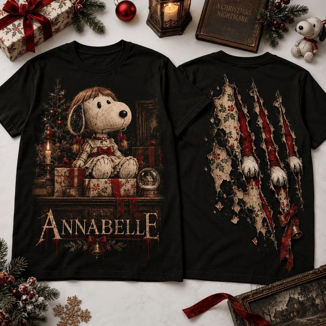 Annabelle Snoopy Haunted Christmas Doll Graphic T-Shirt 2 Annabelle Snoopy Haunted Christmas Doll Graphic T-Shirt