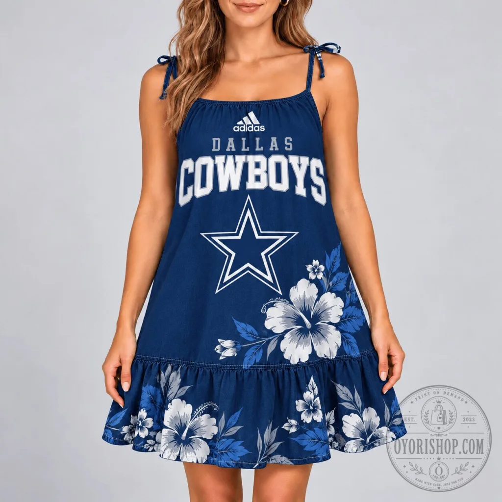 Dallas Cowboys Tropical Hibiscus Floral Pattern Navy Blue Sundress Dallas Cowboys Tropical Hibiscus Floral Pattern Navy Blue Sundress