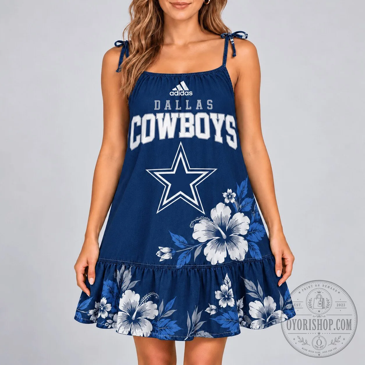 Dallas Cowboys Tropical Hibiscus Floral Pattern Navy Blue Sundress