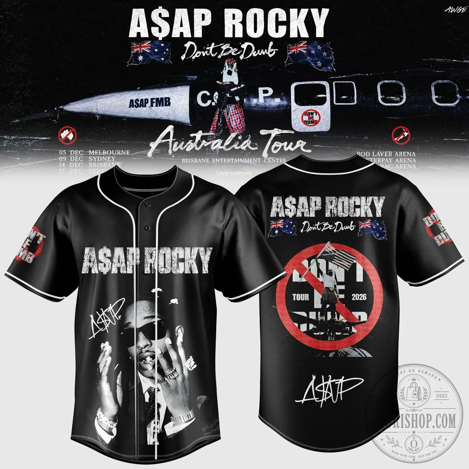 ASAP Rocky Don't Be Dumb Australia Tour 2026 Black Baseball Jersey