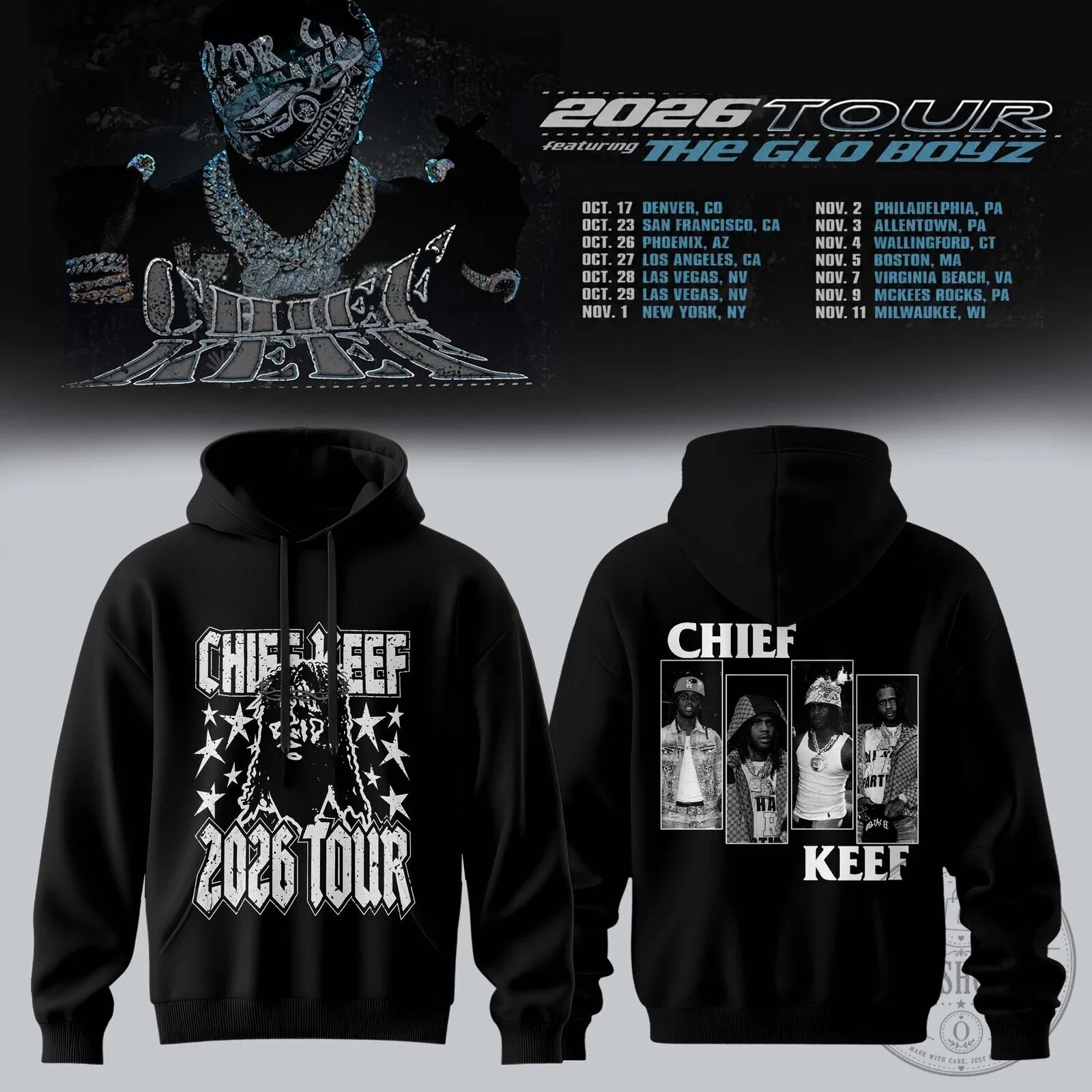 Chief Keef 2026 Tour Featuring The Glo Boyz Concert Black Hoodie