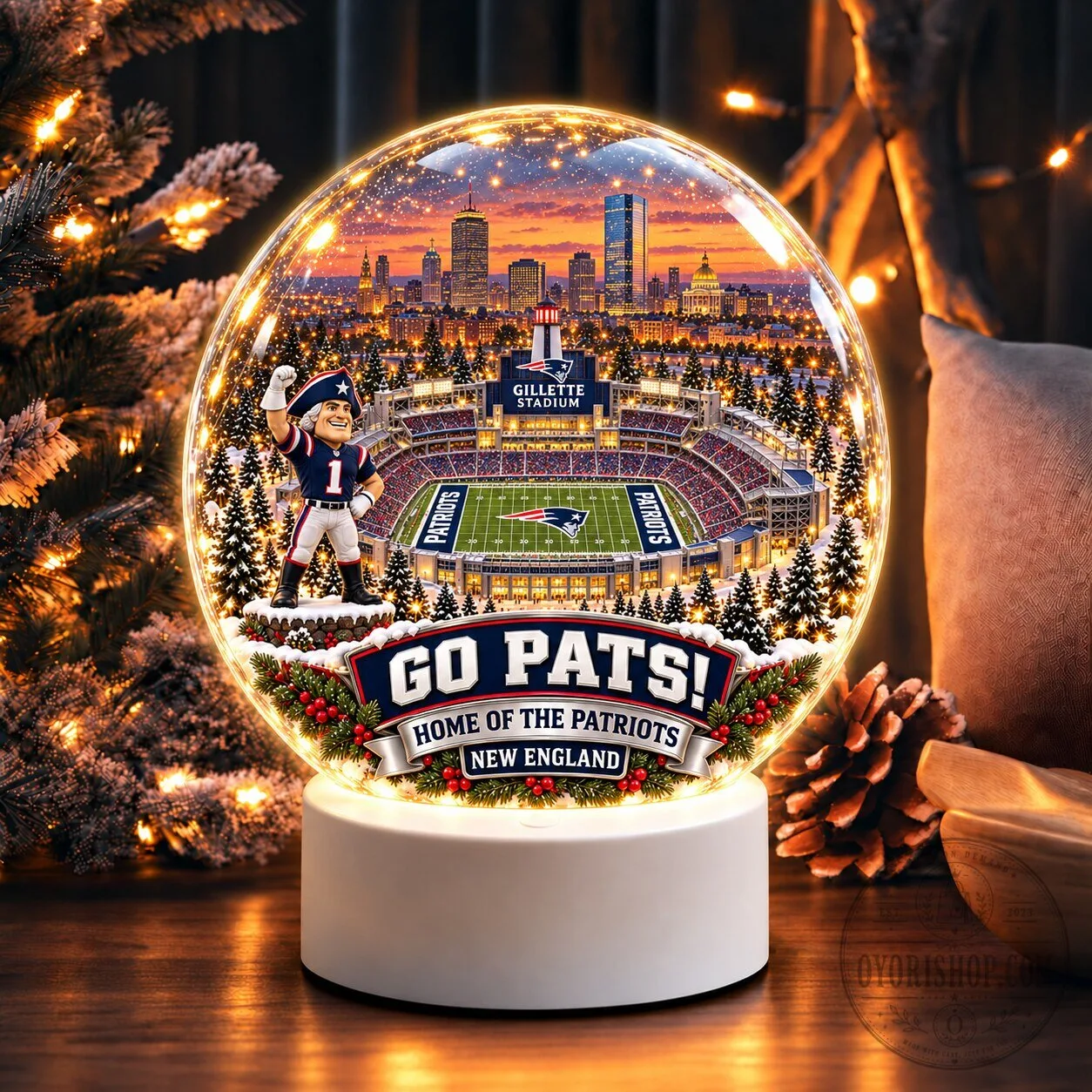 New England Patriots Gillette Stadium Christmas Snow Globe Night Light