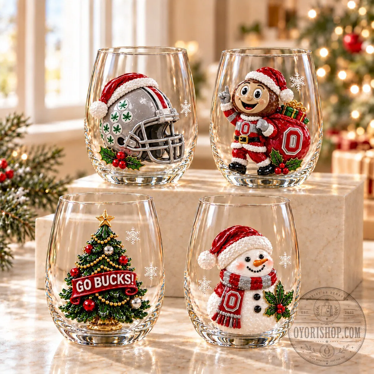 Ohio State Buckeyes Christmas Holiday Stemless Wine Glass Set 3 Ohio State Buckeyes Christmas Holiday Stemless Wine Glass Set