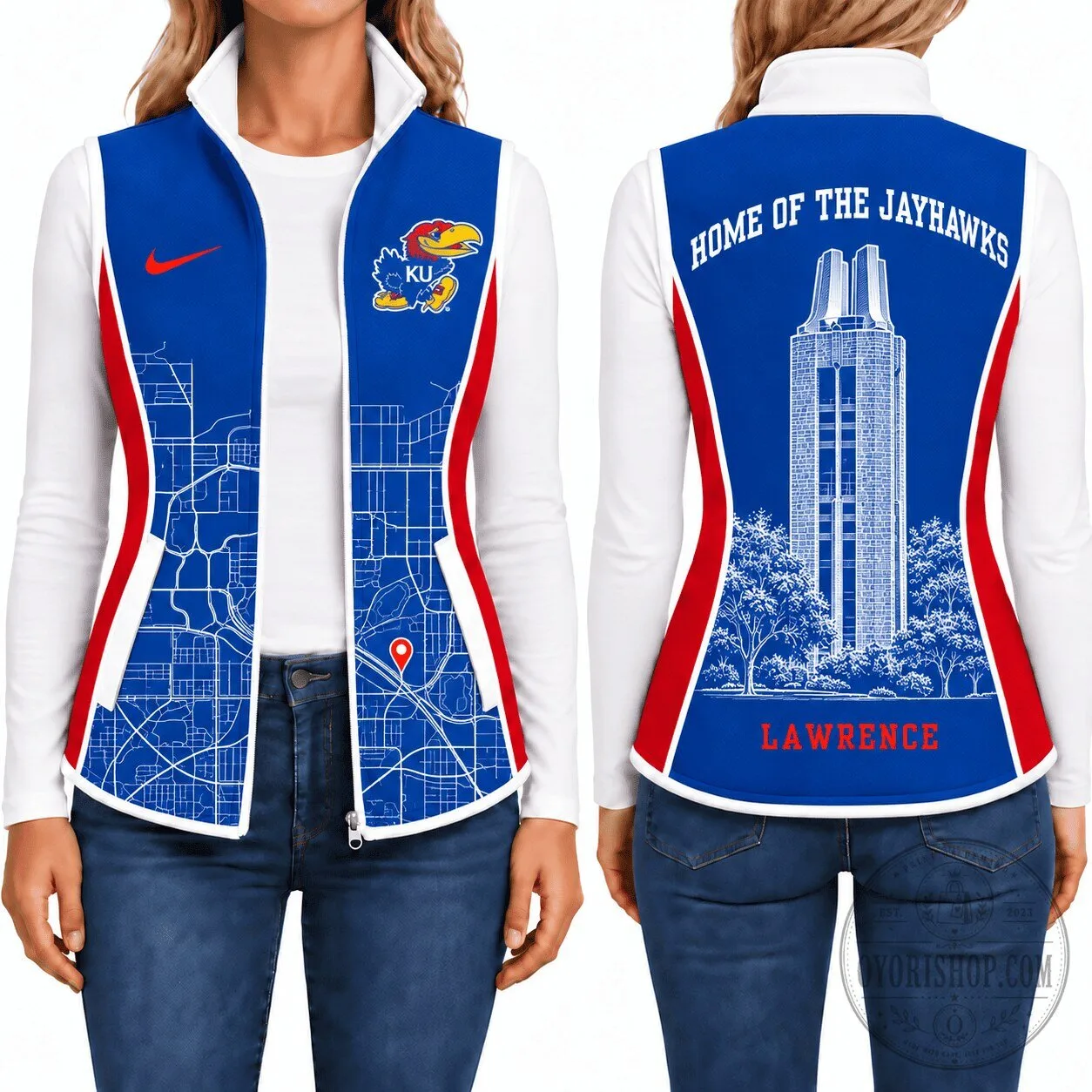 Kansas Jayhawks Women's Full-Zip Fleece Vest with Lawrence Map Design