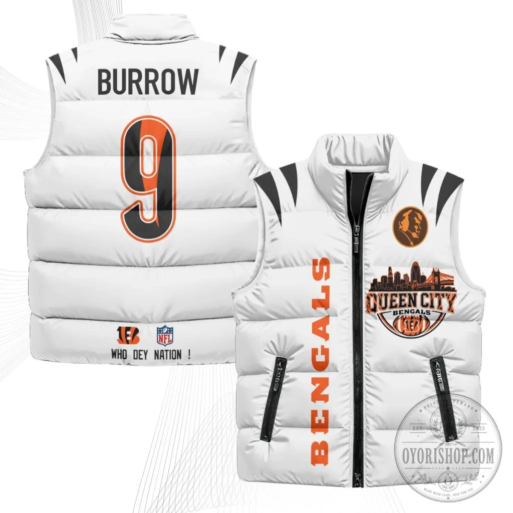 Cincinnati Bengals Joe Burrow Number 9 Queen City Puffer Vest Cincinnati Bengals Joe Burrow Number 9 Queen City Puffer Vest
