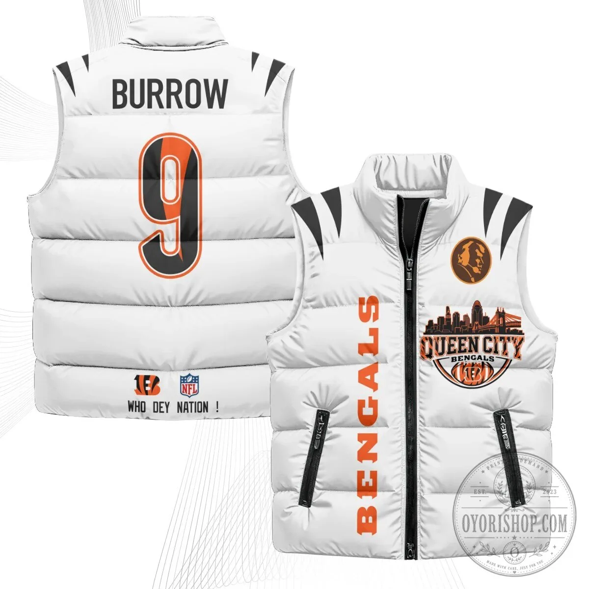Cincinnati Bengals Joe Burrow Number 9 Queen City Puffer Vest