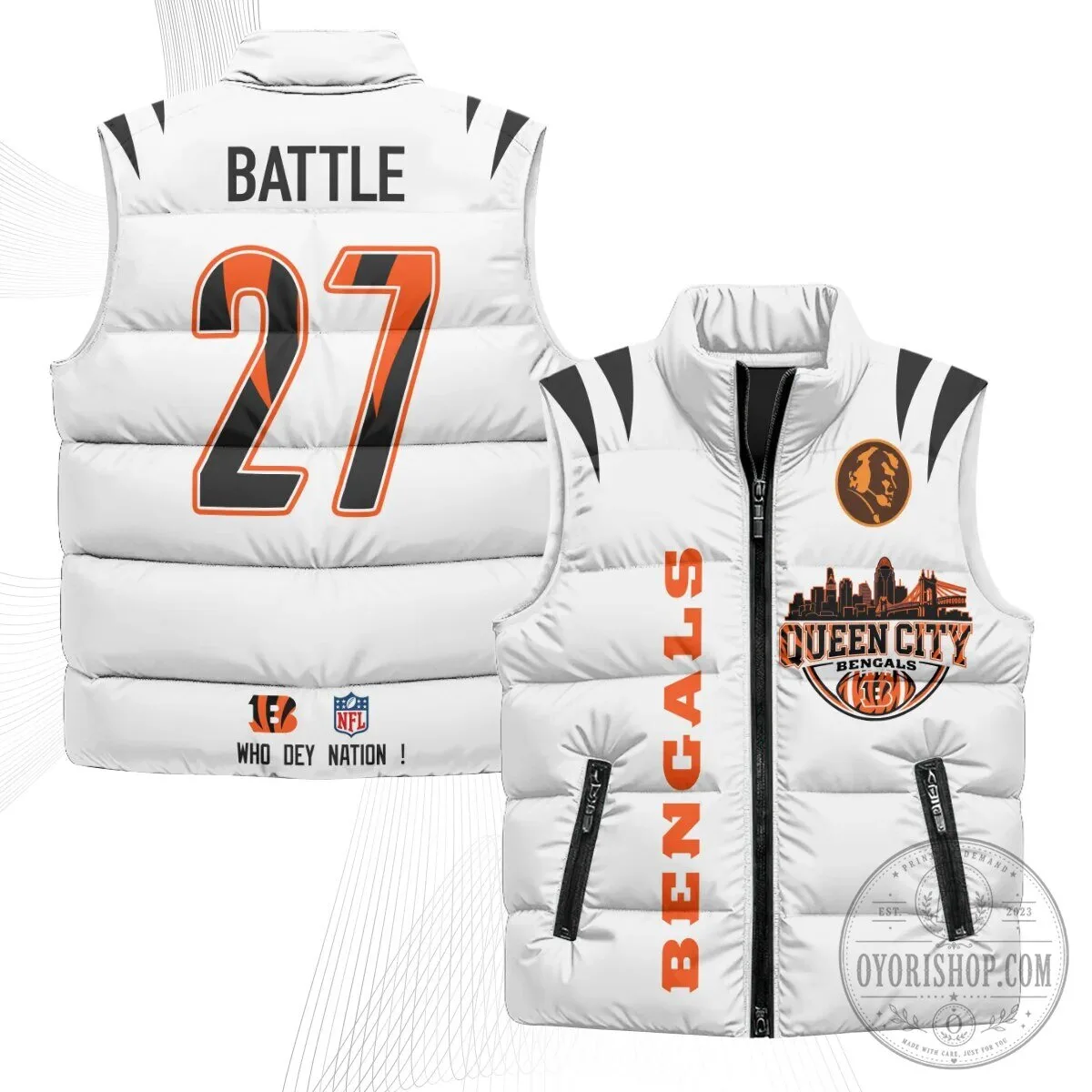 Cincinnati Bengals Joe Burrow Number 9 Queen City Puffer Vest 39 Cincinnati Bengals Joe Burrow Number 9 Queen City Puffer Vest