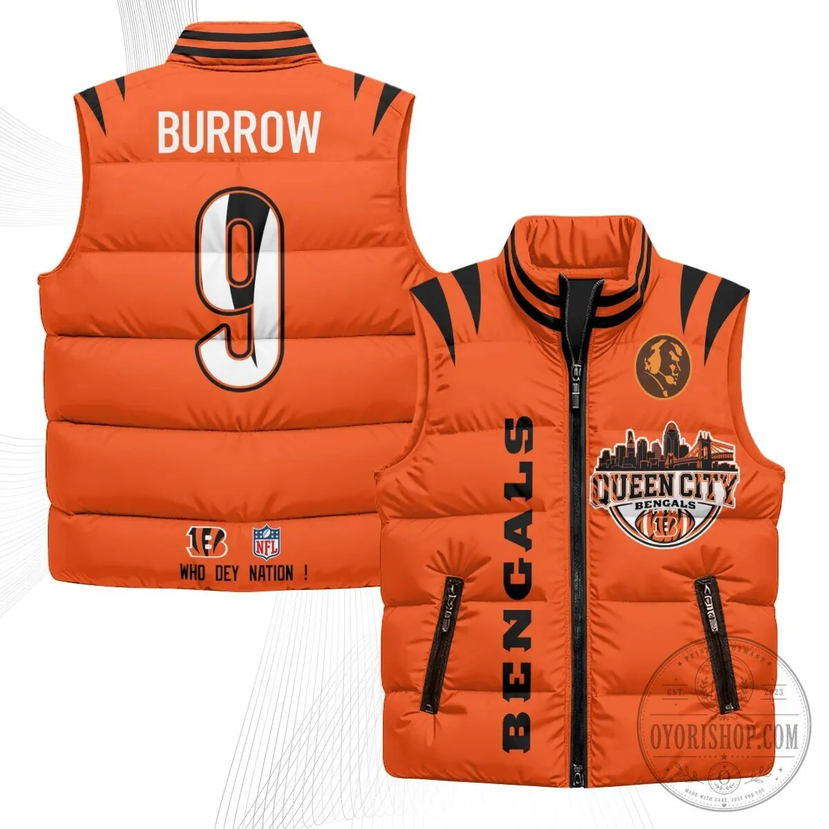 Cincinnati Bengals Joe Burrow Number 9 Queen City Puffer Vest 42 Cincinnati Bengals Joe Burrow Number 9 Queen City Puffer Vest