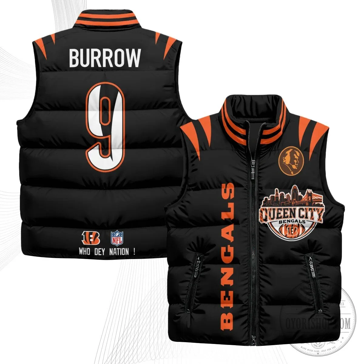 Cincinnati Bengals Joe Burrow Number 9 Queen City Puffer Vest 52 Cincinnati Bengals Joe Burrow Number 9 Queen City Puffer Vest