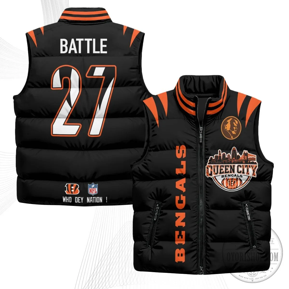 Cincinnati Bengals Joe Burrow Number 9 Queen City Puffer Vest 59 Cincinnati Bengals Joe Burrow Number 9 Queen City Puffer Vest