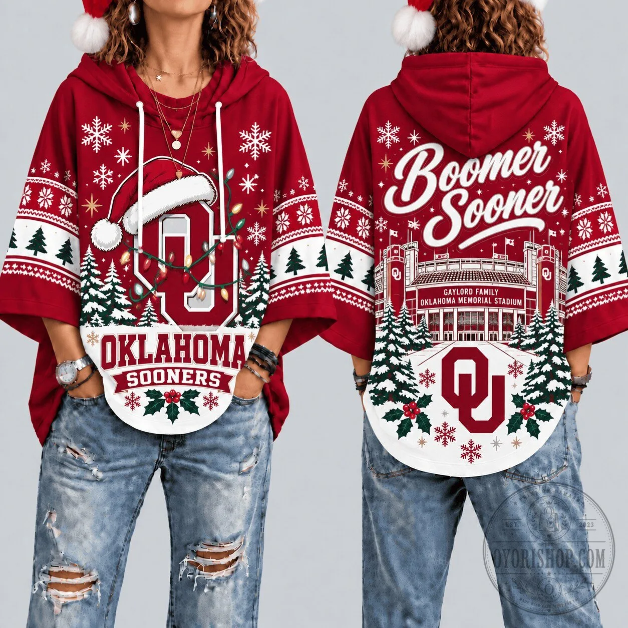 Oklahoma Sooners Christmas Ugly Sweater Style Hooded Poncho Top