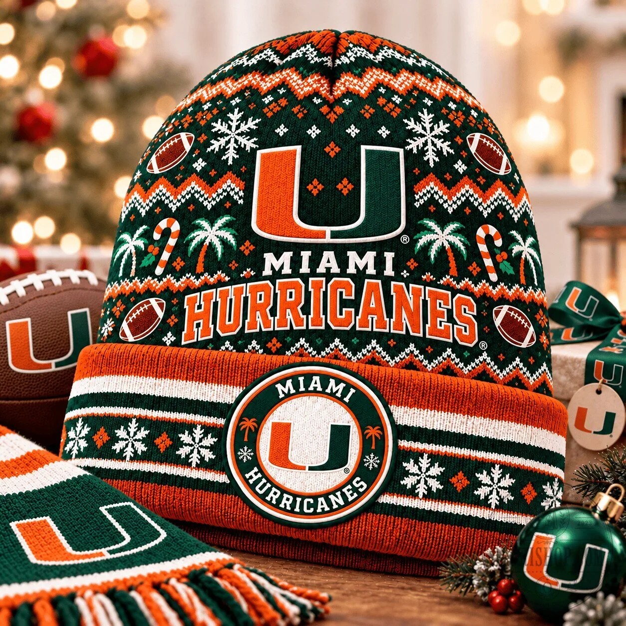 Miami Hurricanes Ugly Christmas Beanie Hat – Festive NCAA Football Fan Cap