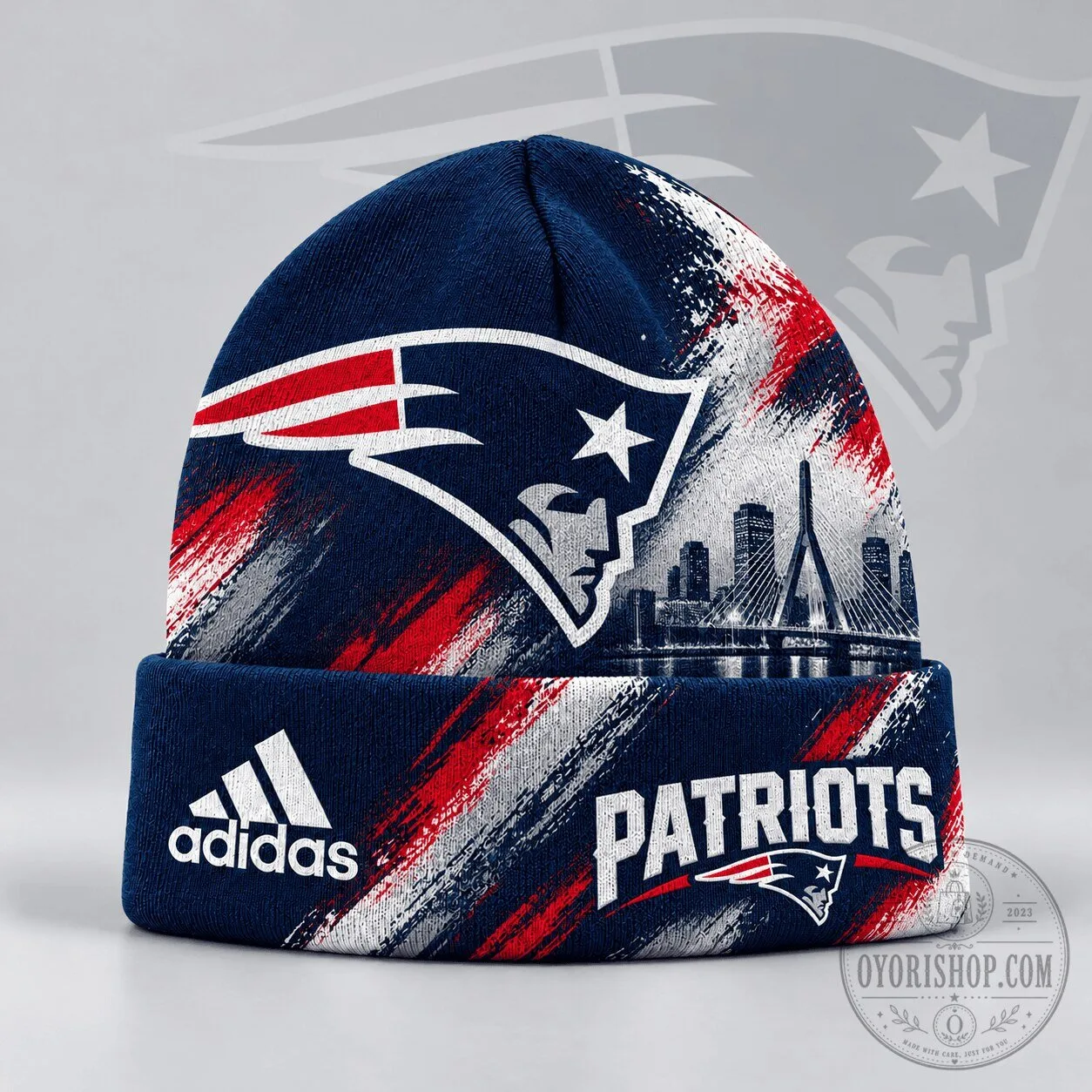 New England Patriots Urban Skyline Distressed Brushstroke Winter Beanie Cap Hat