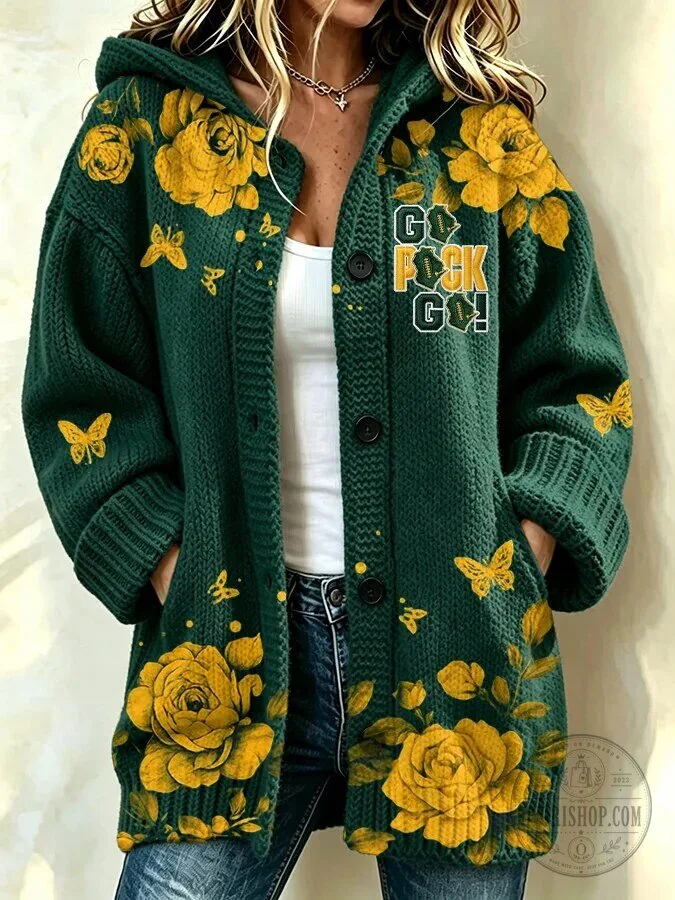 Green Bay Packers Floral Butterly Hooded Cardigan Sweater