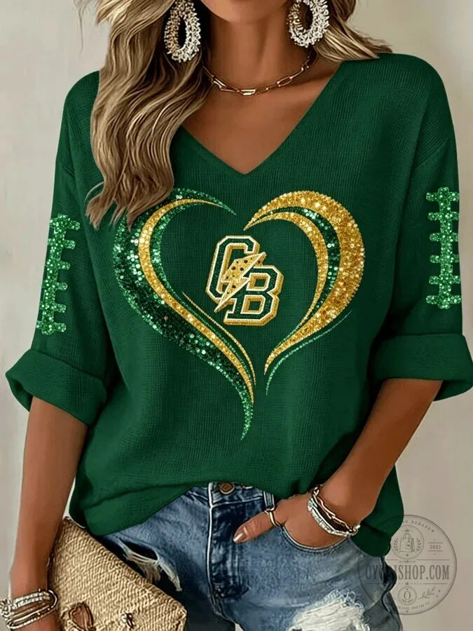 Green Bay Packers Women's Glitter Heart V-Neck Long Sleeve Shirt