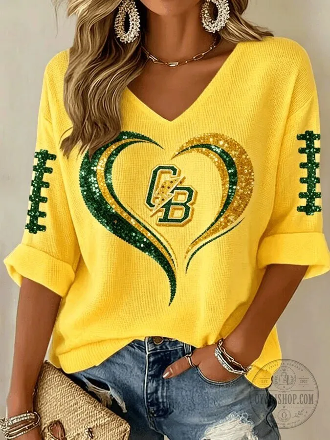 Green Bay Packers Women's Glitter Heart V-Neck Long Sleeve Shirt 9 Green Bay Packers Women
