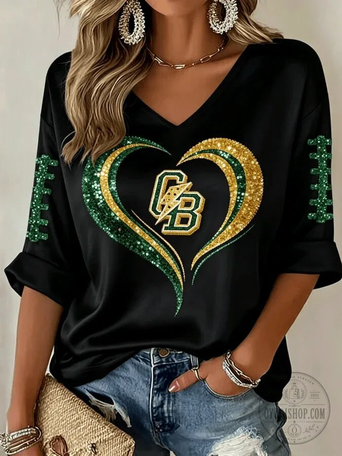 Green Bay Packers Women's Glitter Heart V-Neck Long Sleeve Shirt 10 Green Bay Packers Women